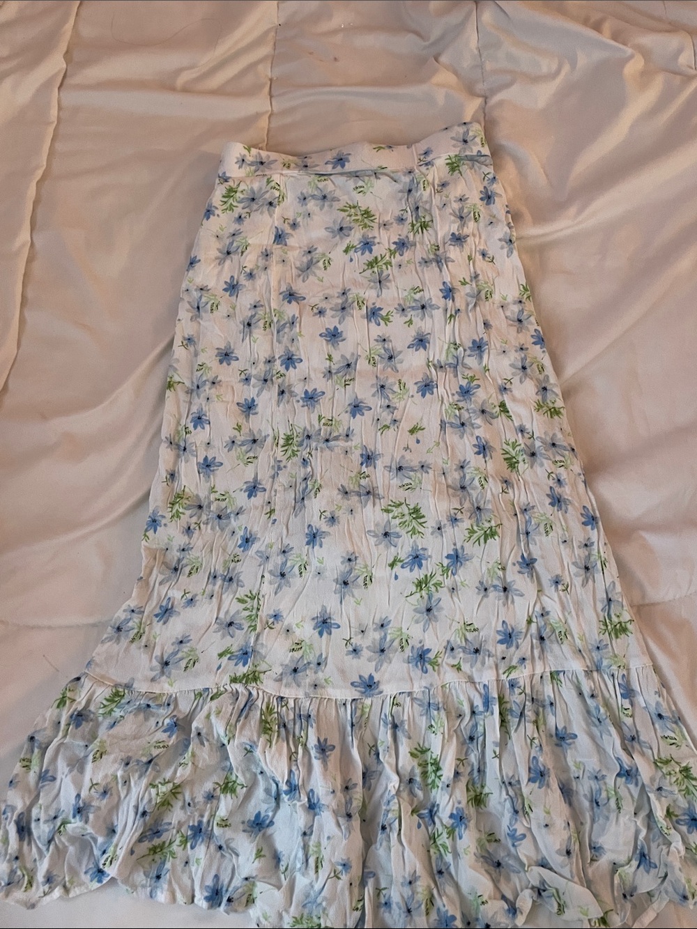 Women's Floral Ruffle Midi Skirt - White with Blue & Green Floral Print XS